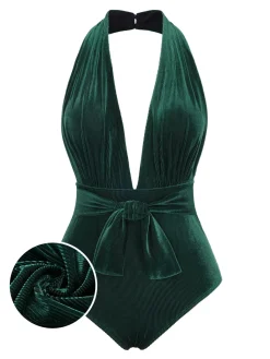 Best Retro Stage Dark Green 1970s Velvet Deep V-Neck Swimsuit