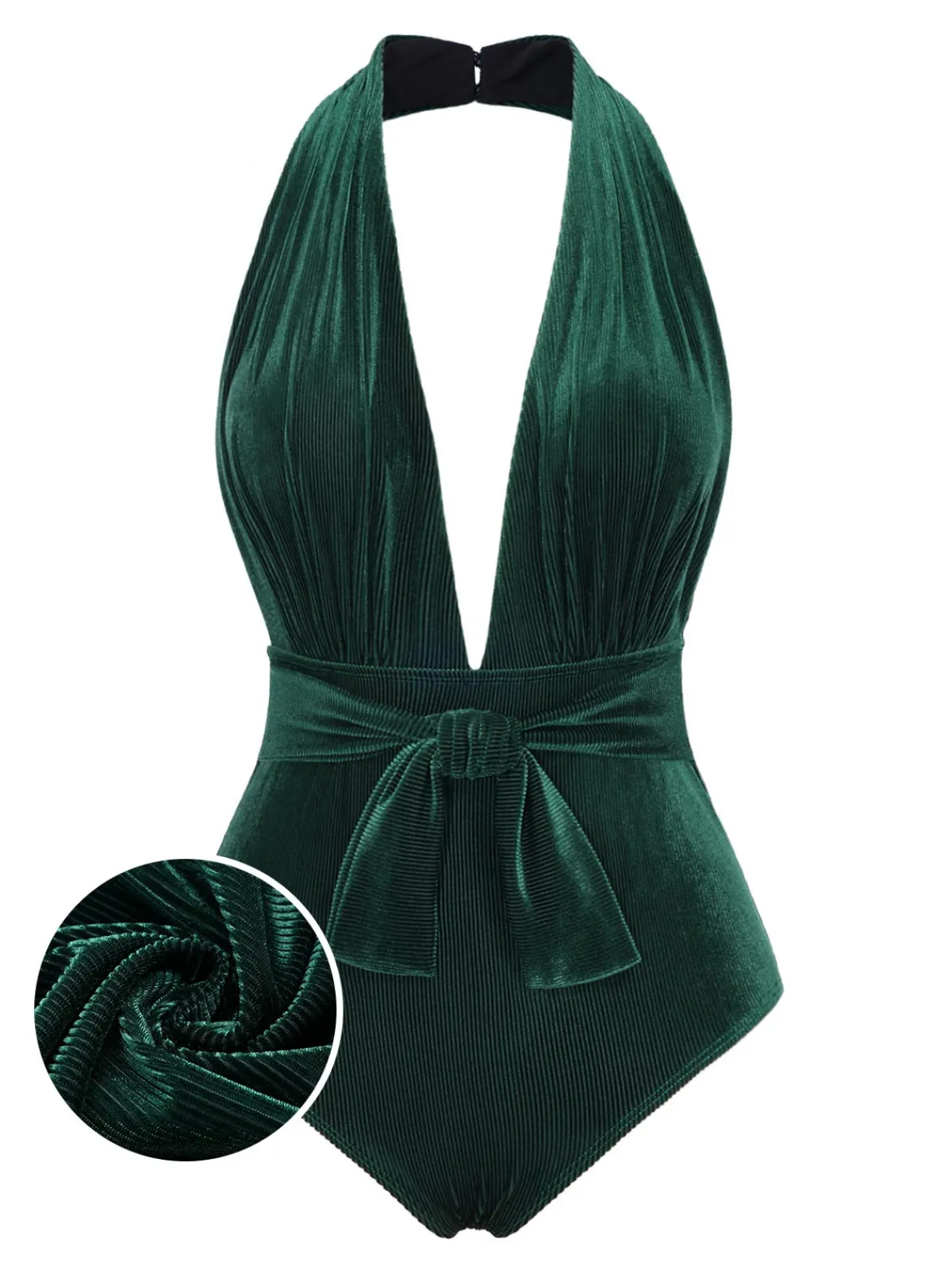 Best Retro Stage Dark Green 1970s Velvet Deep V-Neck Swimsuit