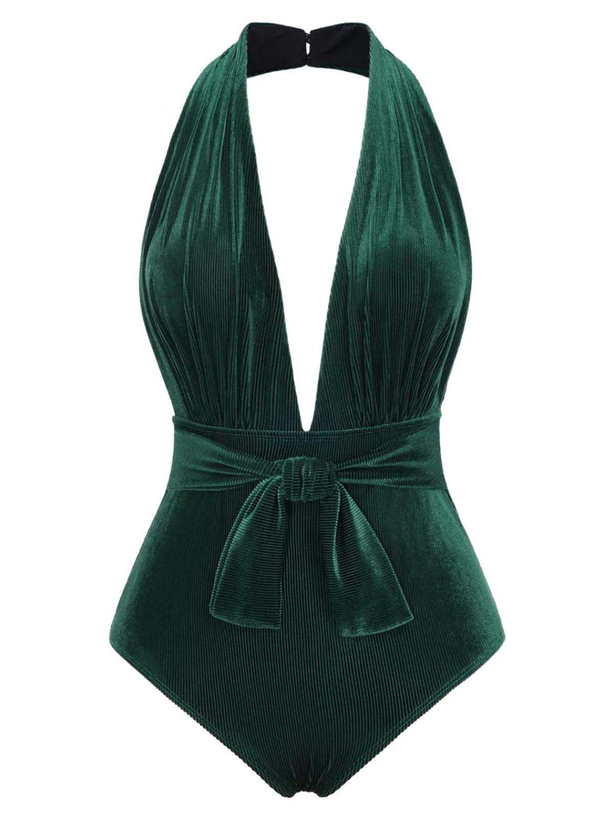Best Retro Stage Dark Green 1970s Velvet Deep V-Neck Swimsuit