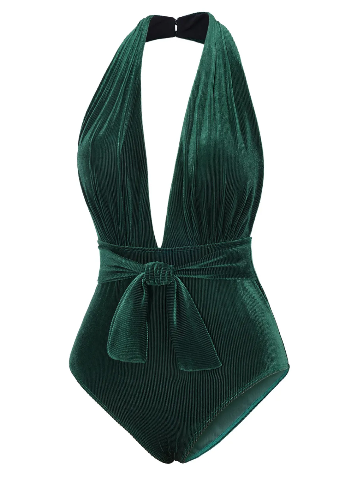 Best Retro Stage Dark Green 1970s Velvet Deep V-Neck Swimsuit