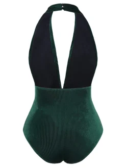 Best Retro Stage Dark Green 1970s Velvet Deep V-Neck Swimsuit