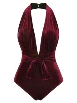 Best Retro Stage Dark Green 1970s Velvet Deep V-Neck Swimsuit