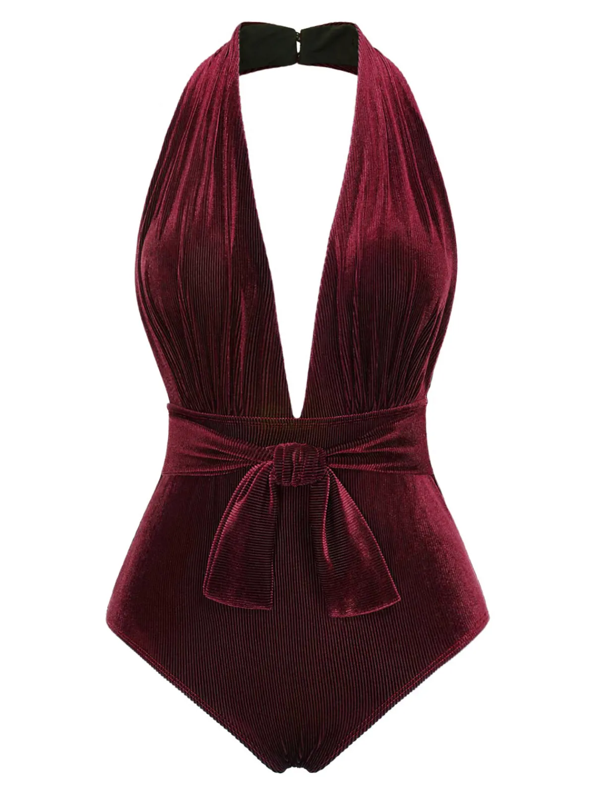 Best Retro Stage Dark Green 1970s Velvet Deep V-Neck Swimsuit