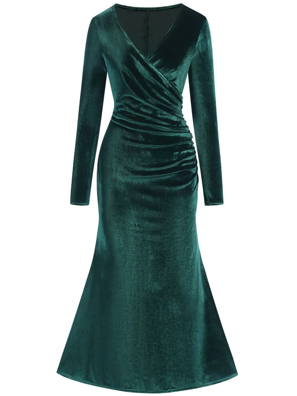 Sale Retro Stage 1930s Velvet Solid V-Neck Dress Dark Green