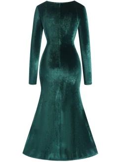 Sale Retro Stage 1930s Velvet Solid V-Neck Dress Dark Green