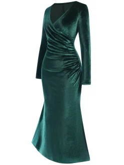 Sale Retro Stage 1930s Velvet Solid V-Neck Dress Dark Green