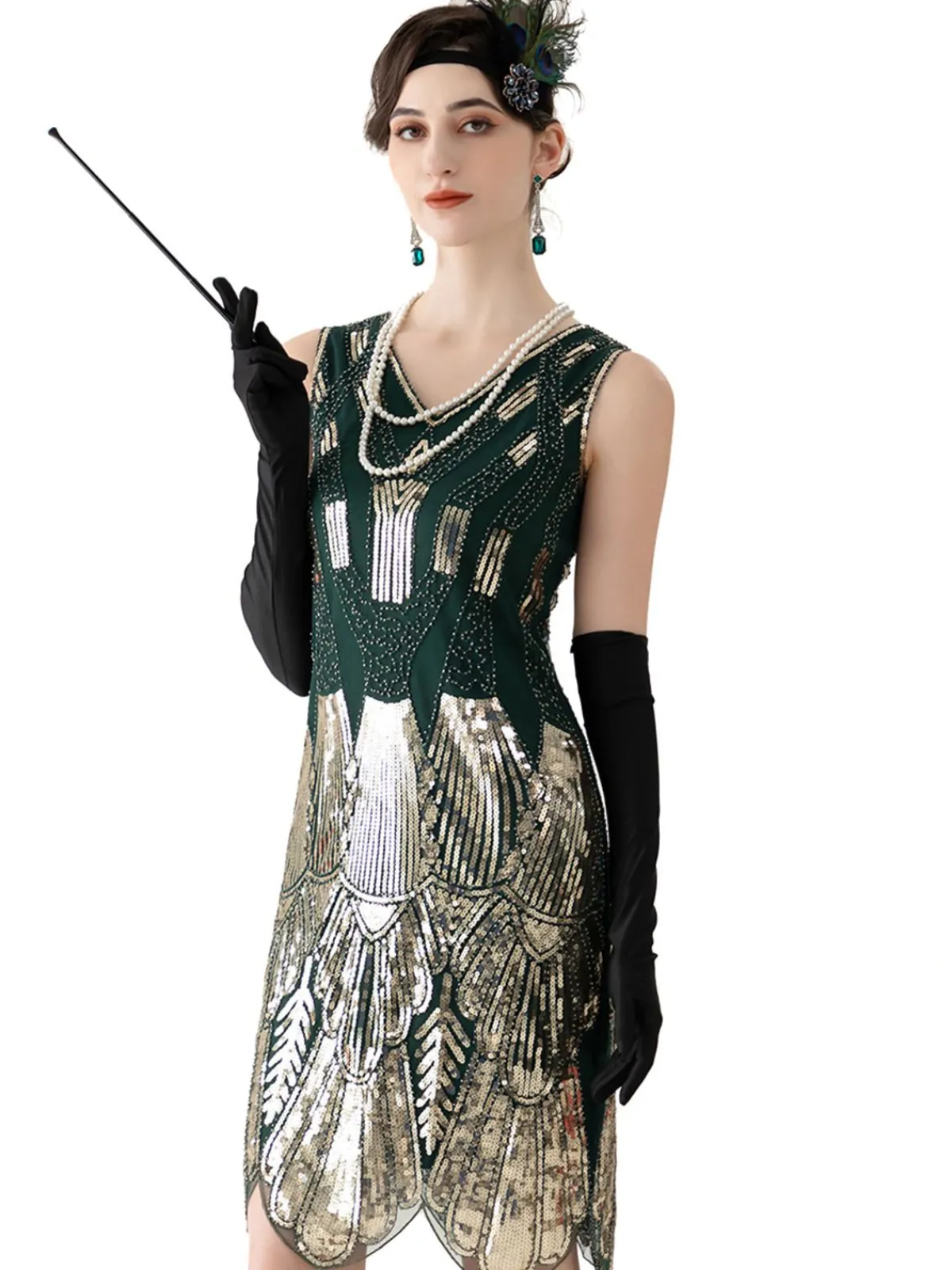 Fashion Retro Stage 1920s V-Neck Sequined Flapper Dress Dark Green