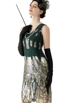 Fashion Retro Stage 1920s V-Neck Sequined Flapper Dress Dark Green