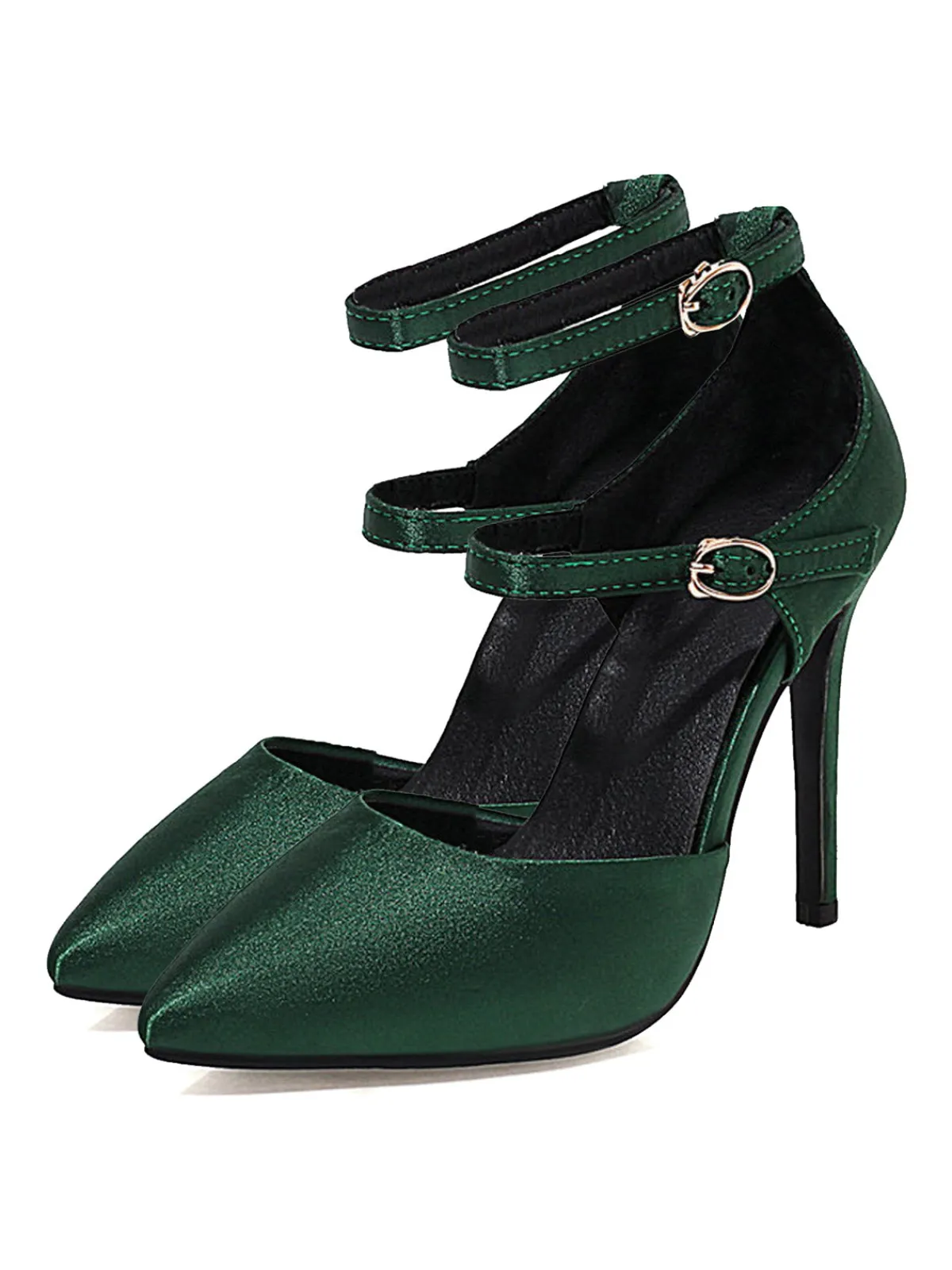 Outlet Retro Stage Satin Double Buckle Belts High Heel Shoes Dark Green