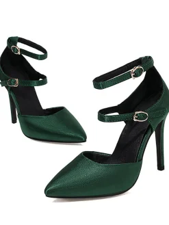 Outlet Retro Stage Satin Double Buckle Belts High Heel Shoes Dark Green