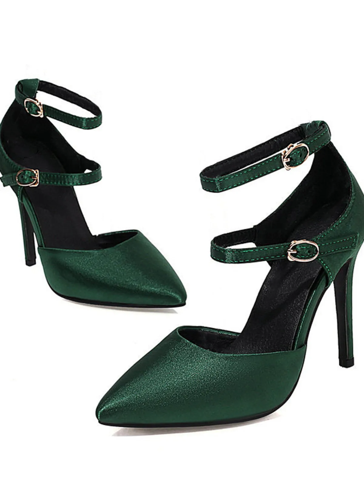 Outlet Retro Stage Satin Double Buckle Belts High Heel Shoes Dark Green
