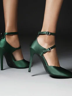Outlet Retro Stage Satin Double Buckle Belts High Heel Shoes Dark Green