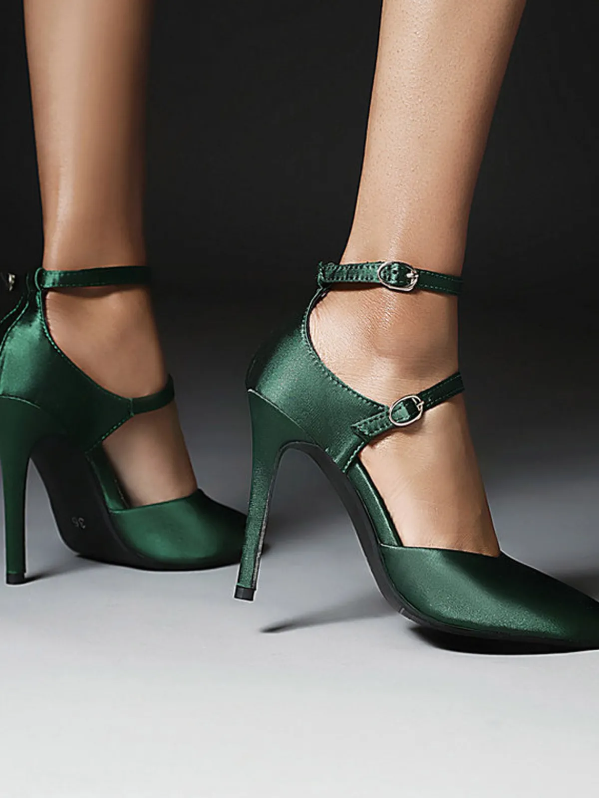 Outlet Retro Stage Satin Double Buckle Belts High Heel Shoes Dark Green