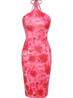 Hot Retro Stage 1960s Rose Halter Dress Dark Pink