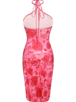 Hot Retro Stage 1960s Rose Halter Dress Dark Pink