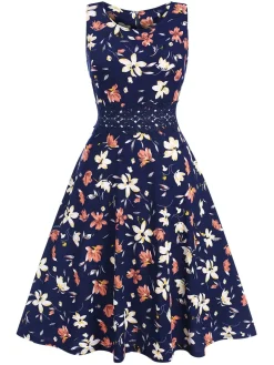 Sale Retro Stage 1940s Floral Sleeveless Dress Deep Blue