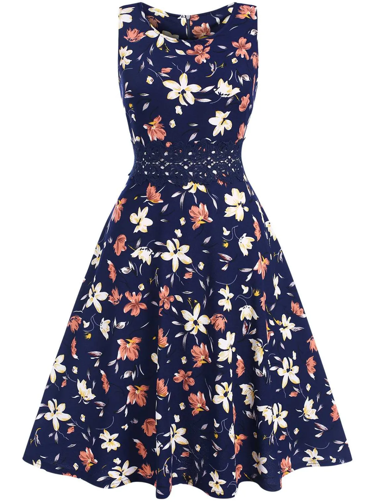 Sale Retro Stage 1940s Floral Sleeveless Dress Deep Blue
