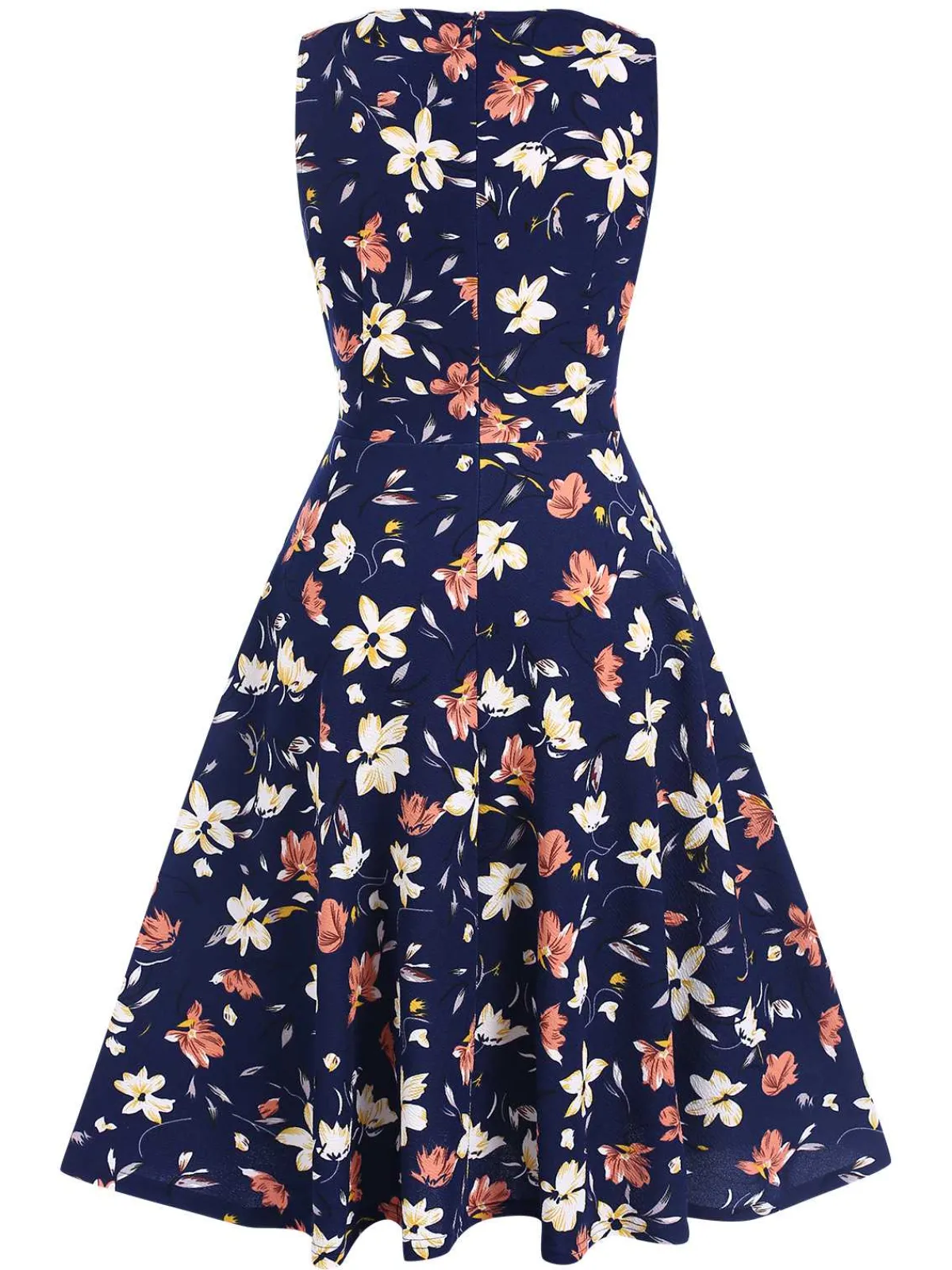 Sale Retro Stage 1940s Floral Sleeveless Dress Deep Blue