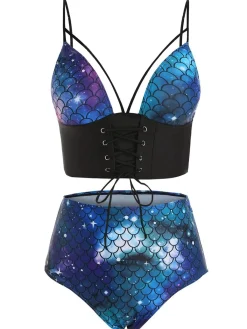 Outlet Retro Stage 1980s Gothic Starry Sky Fish Scale Swimsuit Deep Blue