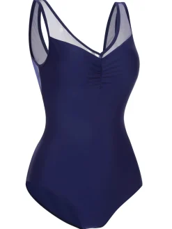 Discount Retro Stage 1930s Solid Back Cross Swimsuit Deep Blue