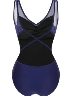Discount Retro Stage 1930s Solid Back Cross Swimsuit Deep Blue