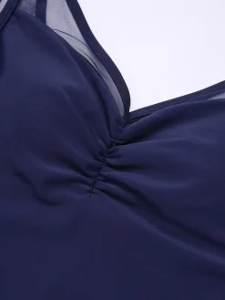 Discount Retro Stage 1930s Solid Back Cross Swimsuit Deep Blue