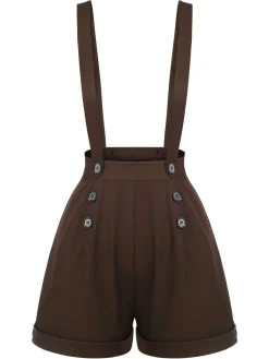 Hot Retro Stage 1940s Buttons Overalls Shorts Deep Brown