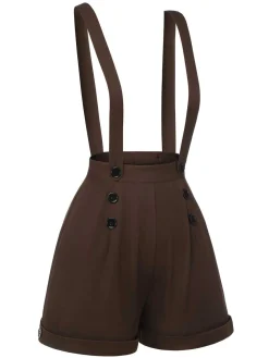 Hot Retro Stage 1940s Buttons Overalls Shorts Deep Brown