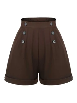Hot Retro Stage 1940s Buttons Overalls Shorts Deep Brown