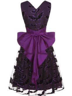 Hot Retro Stage 1950s Halloween Bat Bow Dress Deep Purple