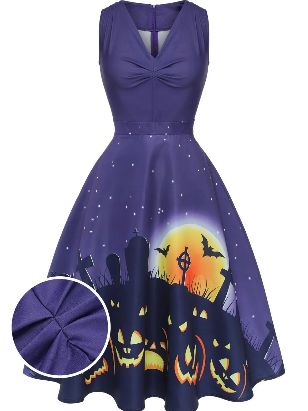 Sale Retro Stage 1950s Halloween V-Neck Swing Dress Deep Purple