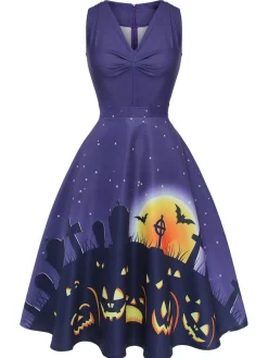 Sale Retro Stage 1950s Halloween V-Neck Swing Dress Deep Purple