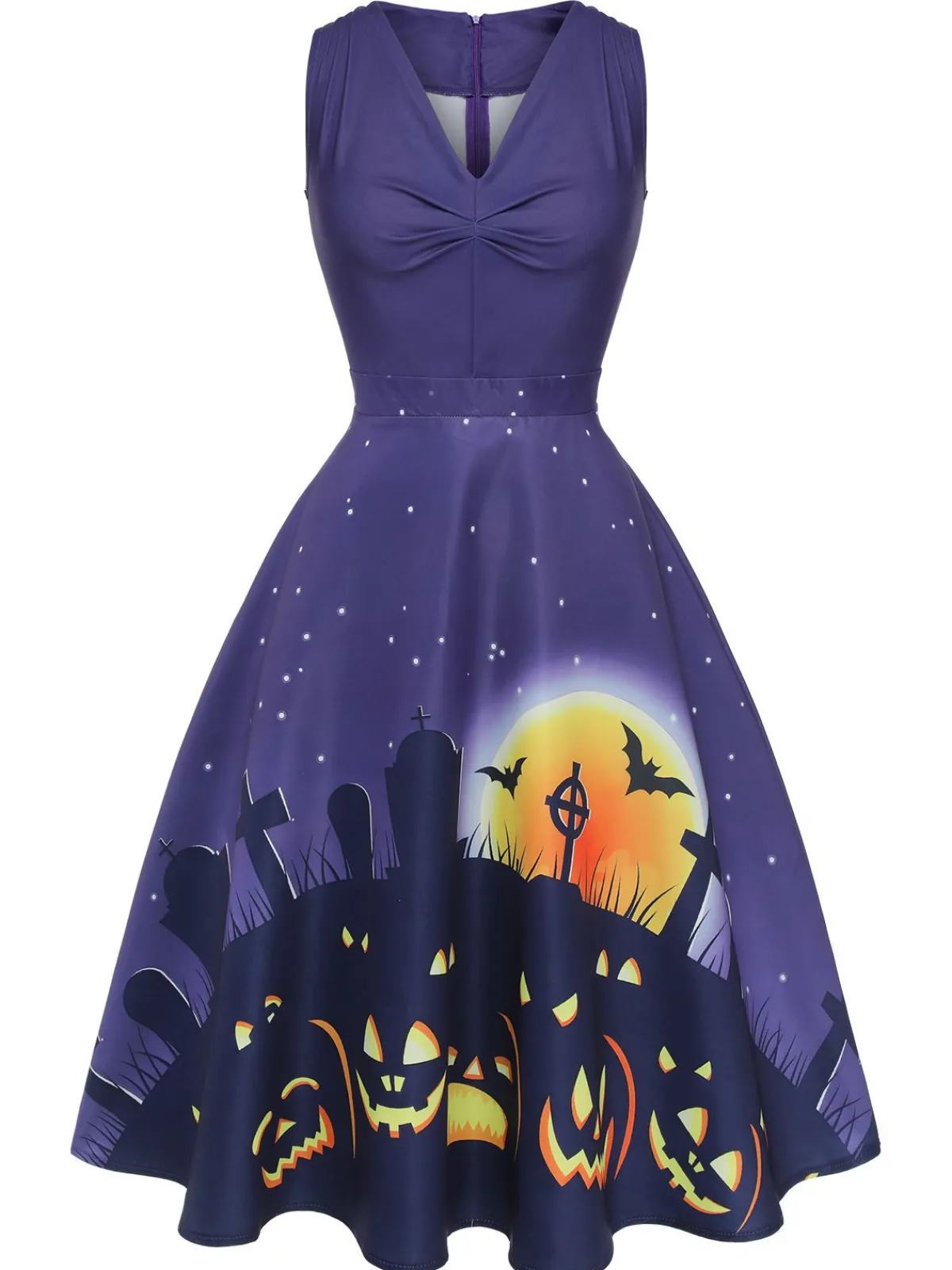 Sale Retro Stage 1950s Halloween V-Neck Swing Dress Deep Purple