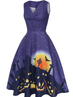 Sale Retro Stage 1950s Halloween V-Neck Swing Dress Deep Purple
