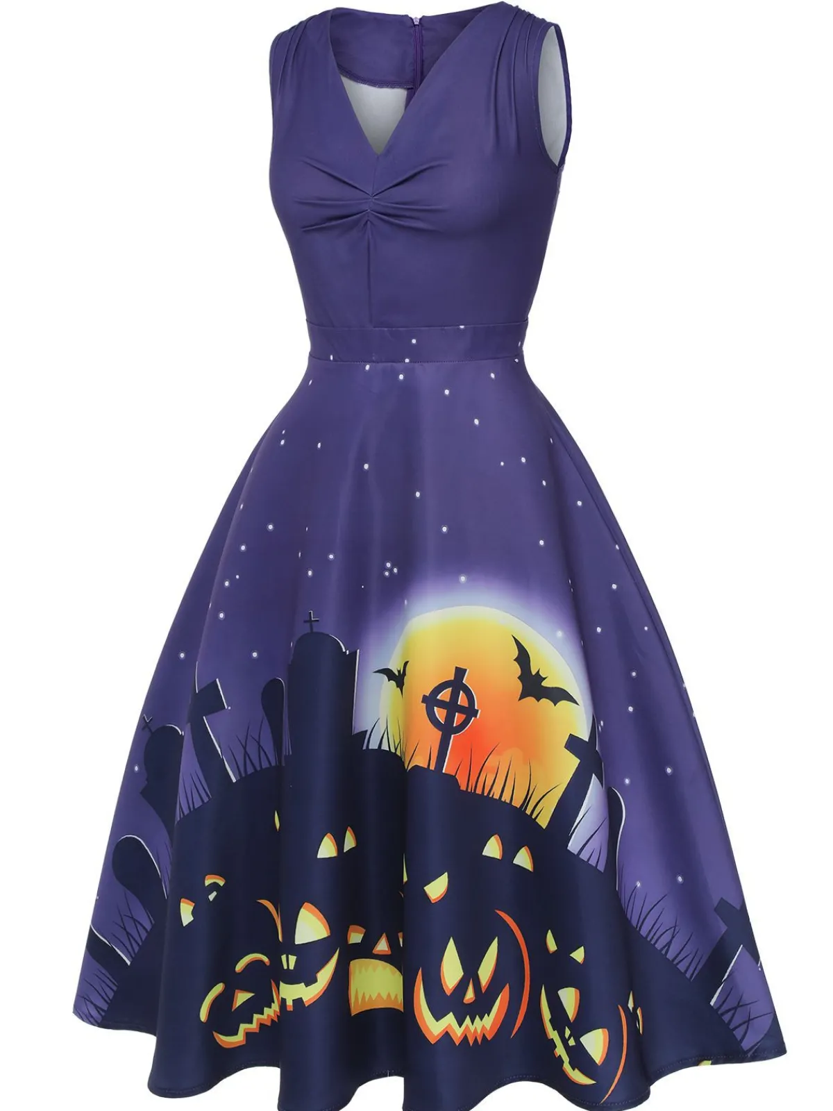 Sale Retro Stage 1950s Halloween V-Neck Swing Dress Deep Purple