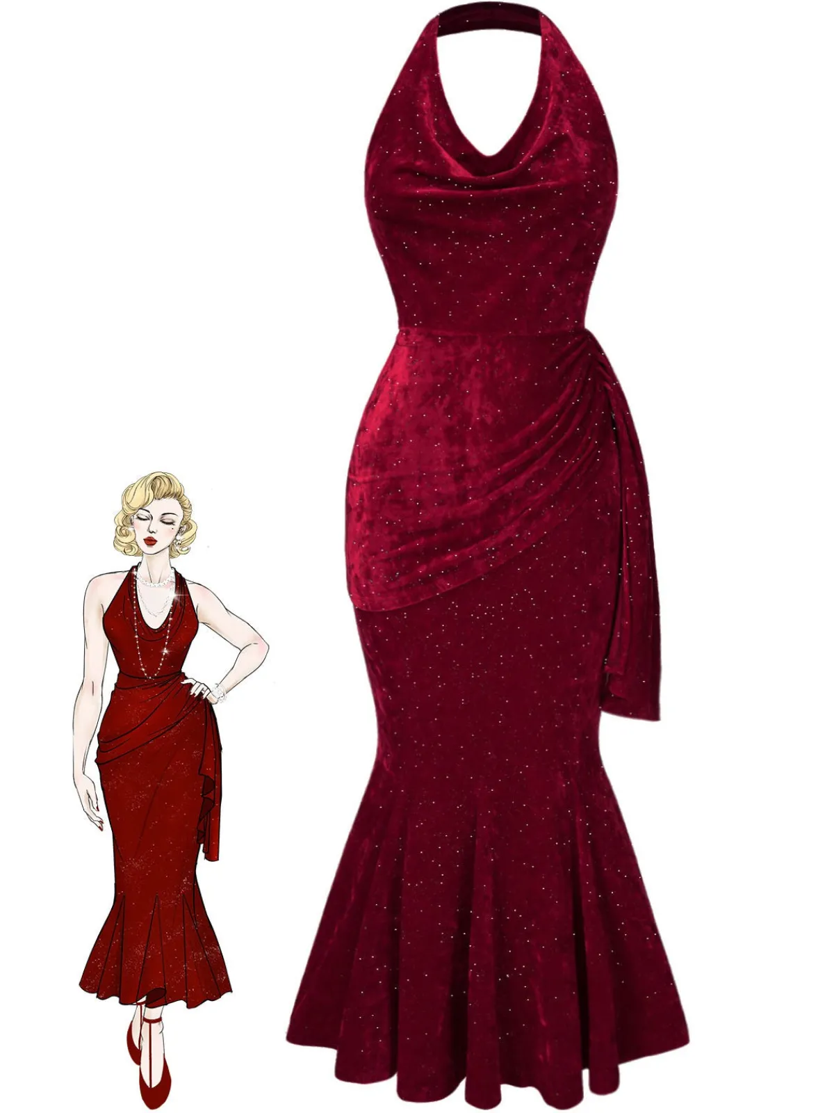 Hot Retro Stage 1930s Glitter Cowl Neck Mermaid Dress Deep Red