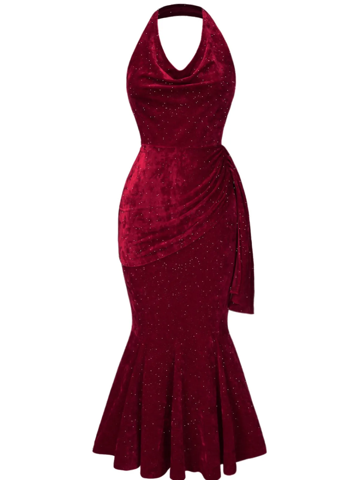 Hot Retro Stage 1930s Glitter Cowl Neck Mermaid Dress Deep Red