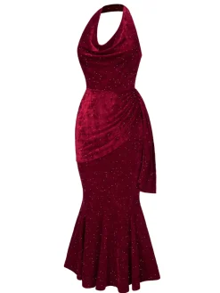 Hot Retro Stage 1930s Glitter Cowl Neck Mermaid Dress Deep Red