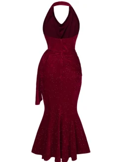 Hot Retro Stage 1930s Glitter Cowl Neck Mermaid Dress Deep Red
