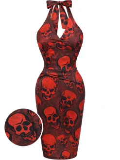 New Retro Stage 1960s Halloween Skull Halter Dress Deep Red