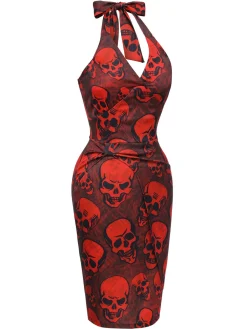 New Retro Stage 1960s Halloween Skull Halter Dress Deep Red