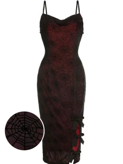 New Retro Stage 1960s Halloween Spider Web Dress Deep Red