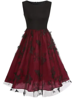 Best Retro Stage 1950s Mesh Butterflies Sleeveless Dress Deep Red