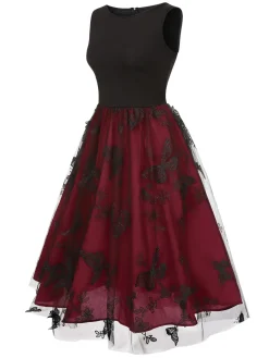 Best Retro Stage 1950s Mesh Butterflies Sleeveless Dress Deep Red