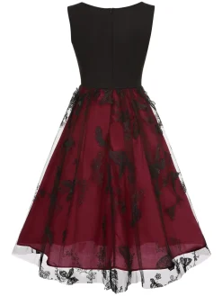 Best Retro Stage 1950s Mesh Butterflies Sleeveless Dress Deep Red