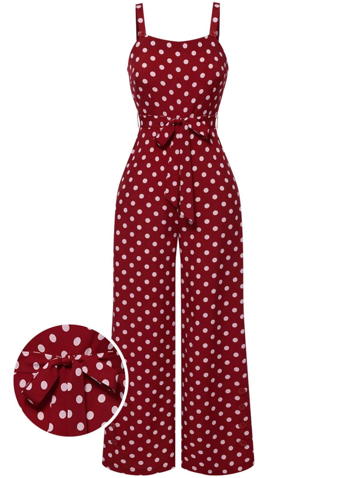 Discount Retro Stage 1940s Polka Dot Straps Jumpsuit Deep Red