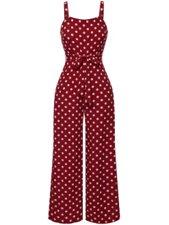Discount Retro Stage 1940s Polka Dot Straps Jumpsuit Deep Red