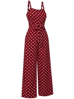 Discount Retro Stage 1940s Polka Dot Straps Jumpsuit Deep Red