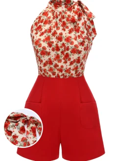 Best Retro Stage 1950s Rose Lace Up Patchwork Romper Deep Red