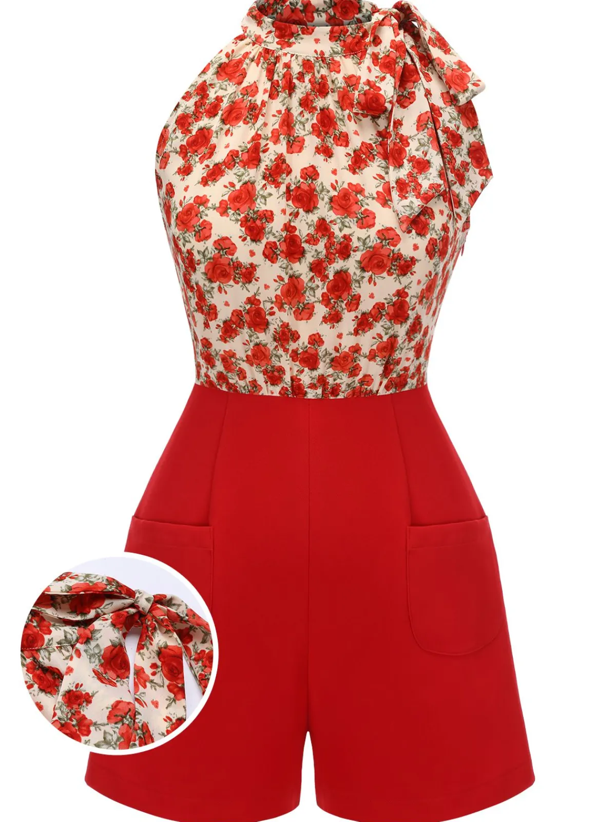 Best Retro Stage 1950s Rose Lace Up Patchwork Romper Deep Red